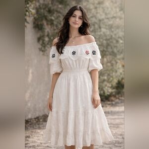 Love By Chelsey White Boho Off The Shoulder Midi Dress 1X Embroidered Lace Trim